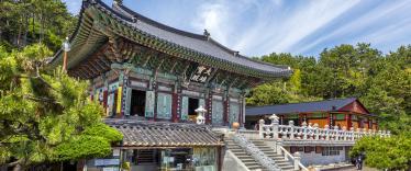 Front view of Haedong Yonggungsa Temple in Busan on a sunny day 