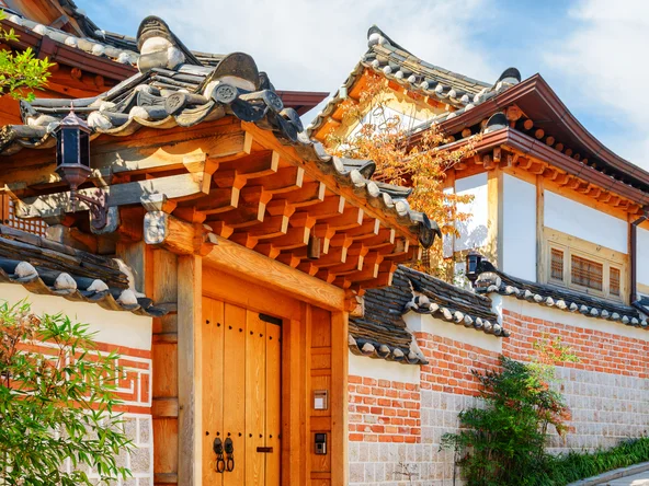 Wooden door entrance to traditional Korean Hanok house