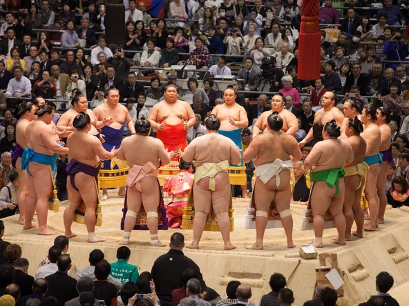 Sumo wrestlers standing in circle at sumo tournament 