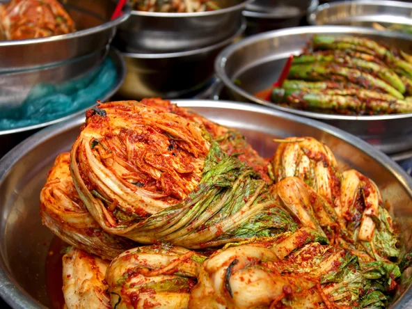 Spicy Korean cabbage in a stainless steel bowl 