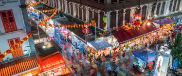 Aerial view of streets and shopfronts in Chinatown 