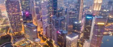 Aerial view of Singapore skyscrapers in haze 