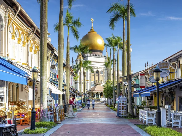 Looking up the street at Masjid Sultan Mosque in Kampong Glam, Singapore 