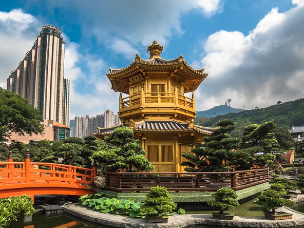 Golden pavilion in Nan Lian Garden in Hong Kong 