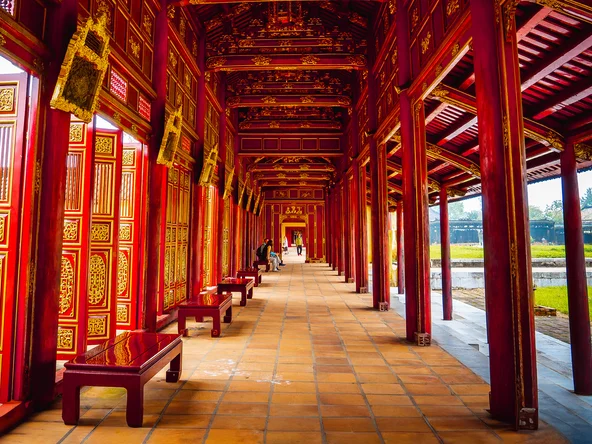 Bright colours in a hallway of the imperial Forbidden Citadel in Hue, Vietnam