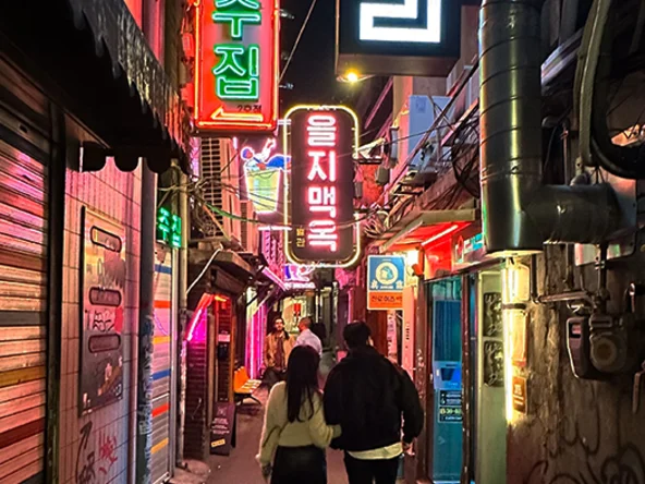 People walking away in a narrow, neon-lit alleyway with Korean signs