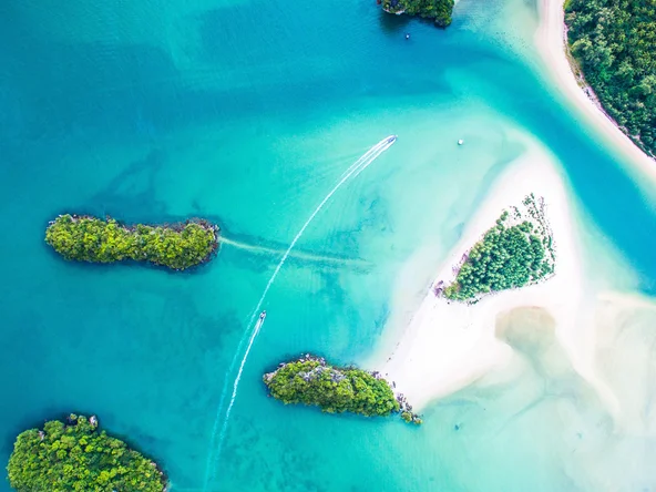 Aerial view of Krabi islands with a boat 