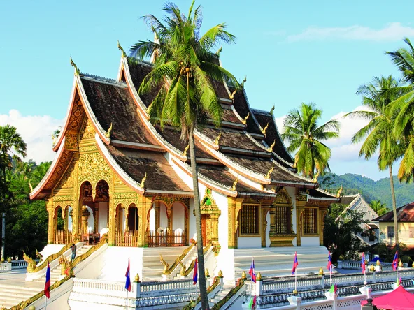 White temple with sloped roof and gold walls in Luang Prabang surrounded by palm trees at a quiet hour