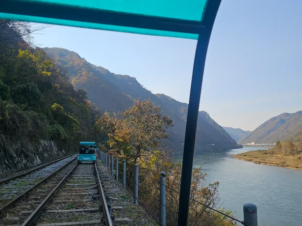 A view from the rail bike over the water and mountains in Chuncheon South Korea