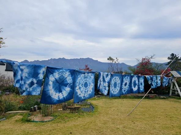 Dyed indigo cloth on a washing line with a mountain backdrop