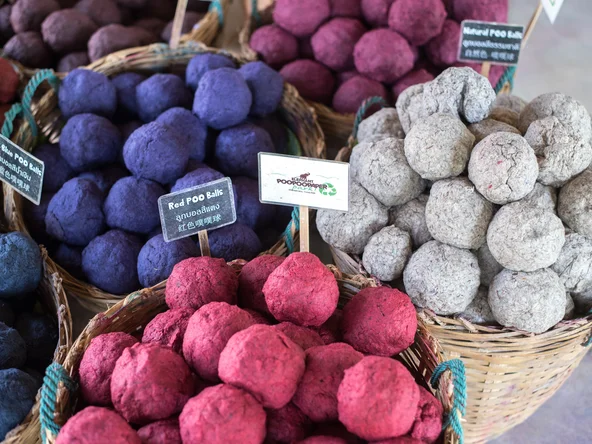 Elephant poo poo paper balls in various colours