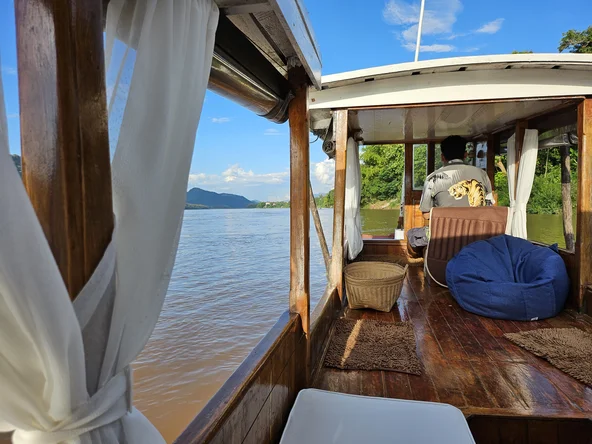 Taken from inside a longtail boat, looking over the shoulder of the driver and out onto the river
