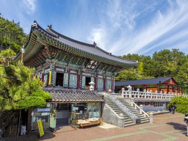 Front view of Haedong Yonggungsa Temple in Busan on a sunny day