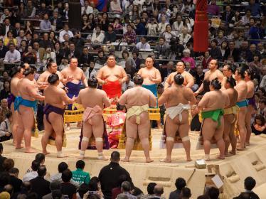 Sumo wrestlers standing in circle at sumo tournament