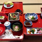 Trays of vegetarian Japanese food at Koya temple 