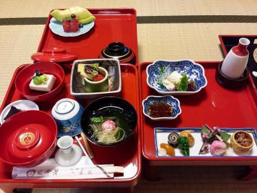 Trays of vegetarian Japanese food at Koya temple