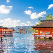 View across water towards Miyajima's red floating torii gate 