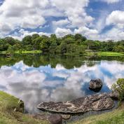 Beautiful blue sky and clouds reflected on a pond in Rikugien garden, surrounded by beautiful greenery