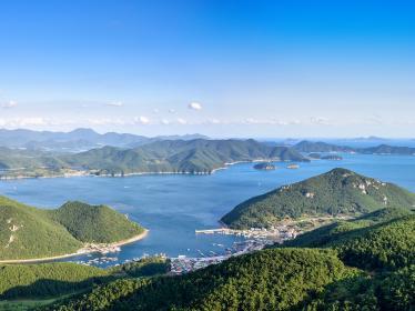 Group of islands surround Hallyeohaesang National Marine Park near Busan South Korea