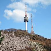 Two buildings protrude from side of a mountain against the sky in Namsan, Seoul, during spring