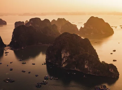 Aerial view of Halong Bay at sunset
