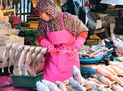 Woman working in Jagalchi wet market in Busan, South Korea, in front of a fish stall