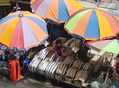 Traditional local fish market under colourful umbrellas in Busan, South Korea