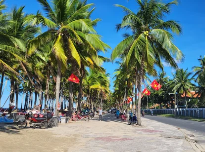 Vietnamese flags and palm trees lining the beach front in Cua Dai Beach near Hoi An
