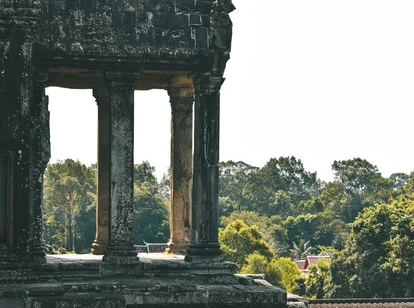 The view of a quiet Angkor Wat temple in rainy season with less tourists 