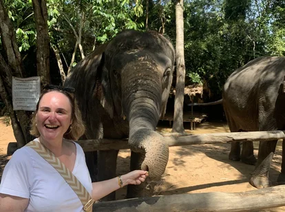 A female tourist at an ethical elephant sanctuary feeding an elephant a banana behind a barrier