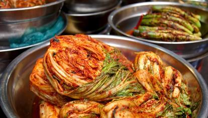 Spicy Korean cabbage in a stainless steel bowl