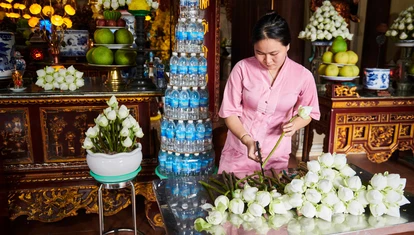 Lady working in a temple in Con Dao, Vietnam preparing lotus flowers for worship