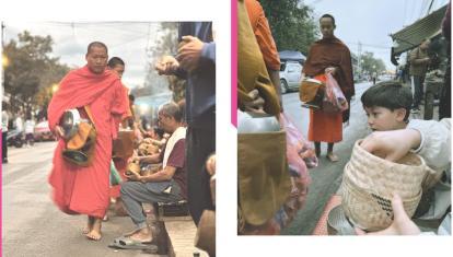 Family offering rice to monks in Laos Cultural Multigenerational Adventure