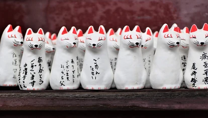 Ceramic cats with Japanese script