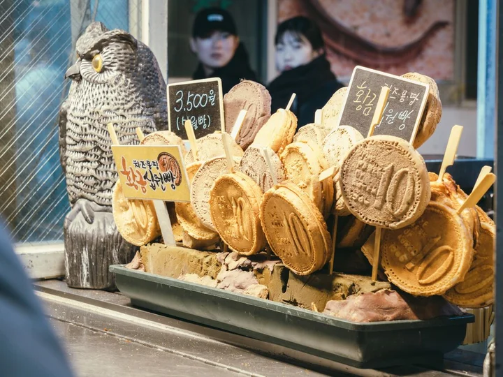 Edible lollipops in style of Korean coins at a street market