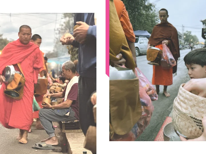 Family offering rice to monks in Laos Cultural Multigenerational Adventure