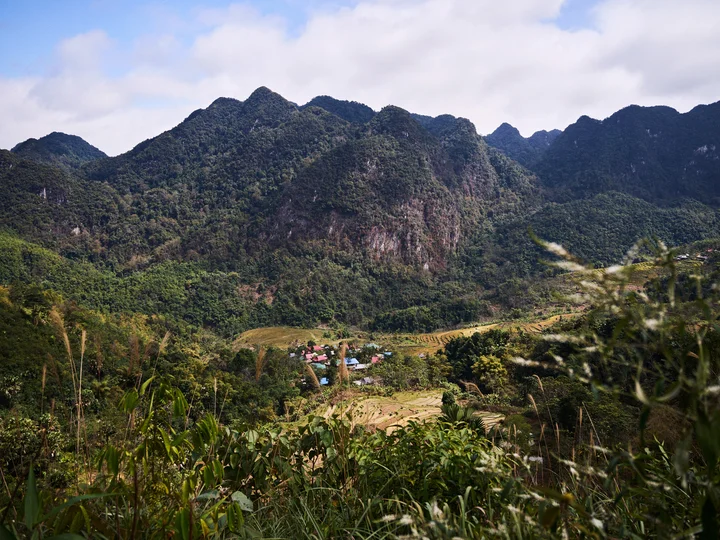 Vietnamese village nestled between hills