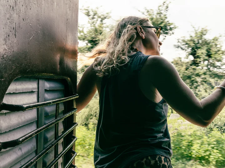 Woman in India looking out of train