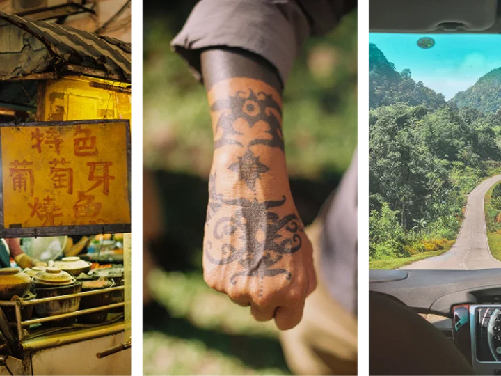 3 part image collage featuring street food, an Iban tattoo, and road into Kuching