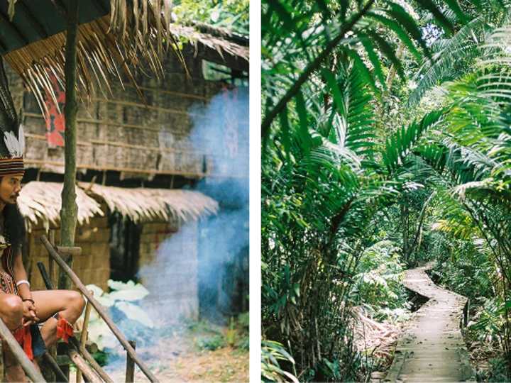 Image collage featuring Mari Mari tribesman in Borneo and a path into the jungle