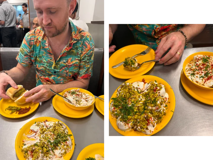 Two images side by side. On the left, a man in a colourful shirt is eating India street food from 3 yellow plates on a table. On the right, a closer shot of the food