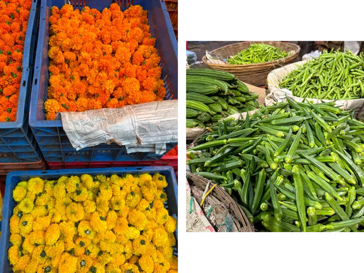 Two images side by side. Orange and yellow marigolds in blue crates on the left. Okra stacked on the right.