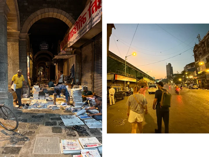 Two images side by side. A man sorting newspapers on the Mumbai pavement and a sunrise shot of Holly and our guide walking along the street