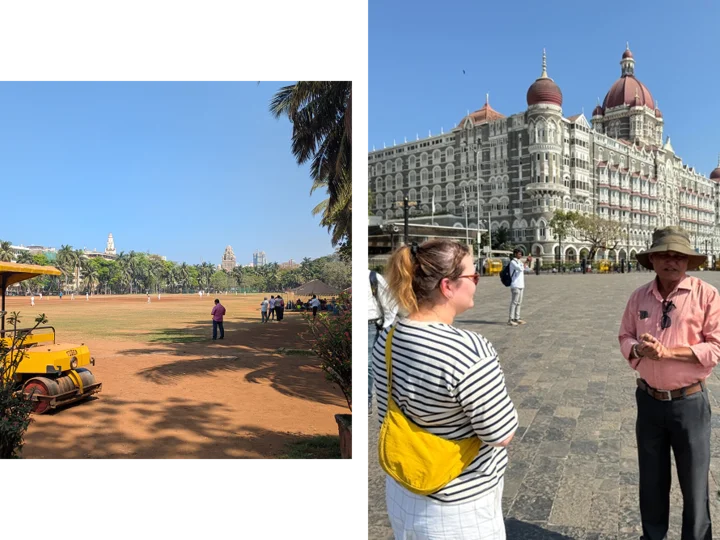 Two images side by side: Left shows cricket playing field (Oval Maidan) and the right shows a guide speaking to Holly about the Gateway of India. The Taj Hotel is in the background