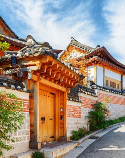 Wooden door entrance to traditional Korean Hanok house
