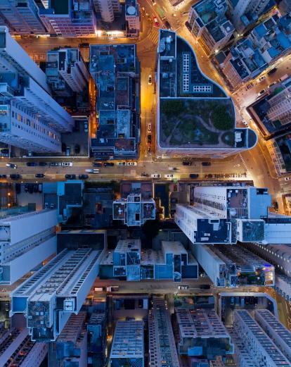 Looking down at the top of skyscrapers in Hong Kong