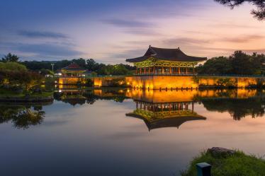 Anapji Pond and Observatory illuminated at night. 