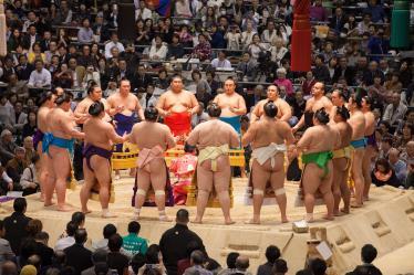 Sumo wrestlers standing in circle at sumo tournament 