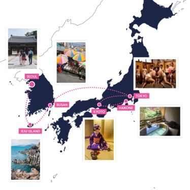 Map showing route of the Japan and cultural adventure with photos at key locations 