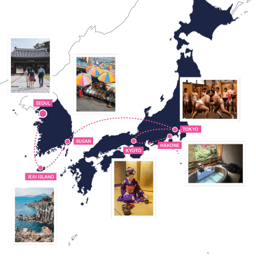Map showing route of the Japan and cultural adventure with photos at key locations 